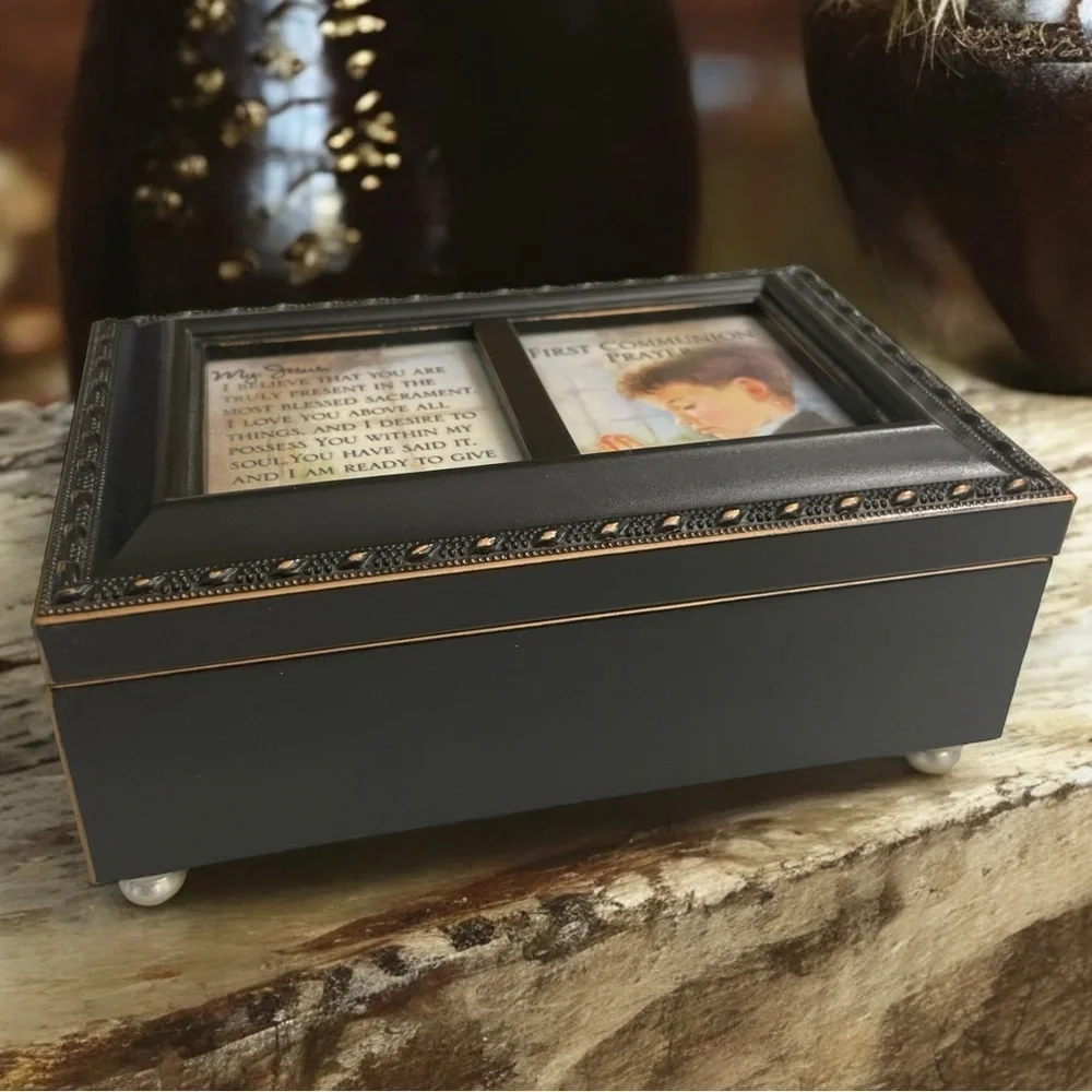 First Communion Black Rope Trim Music Box Plays Handel's Hallelujah